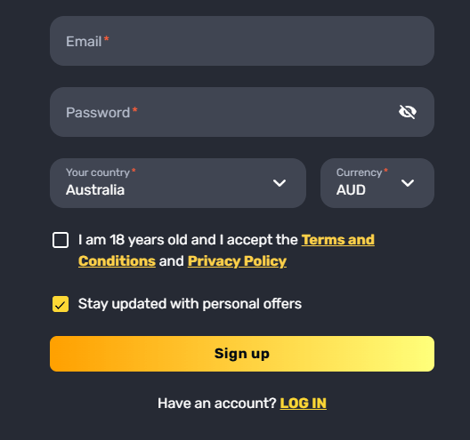 RocketPlay Sign Up Window